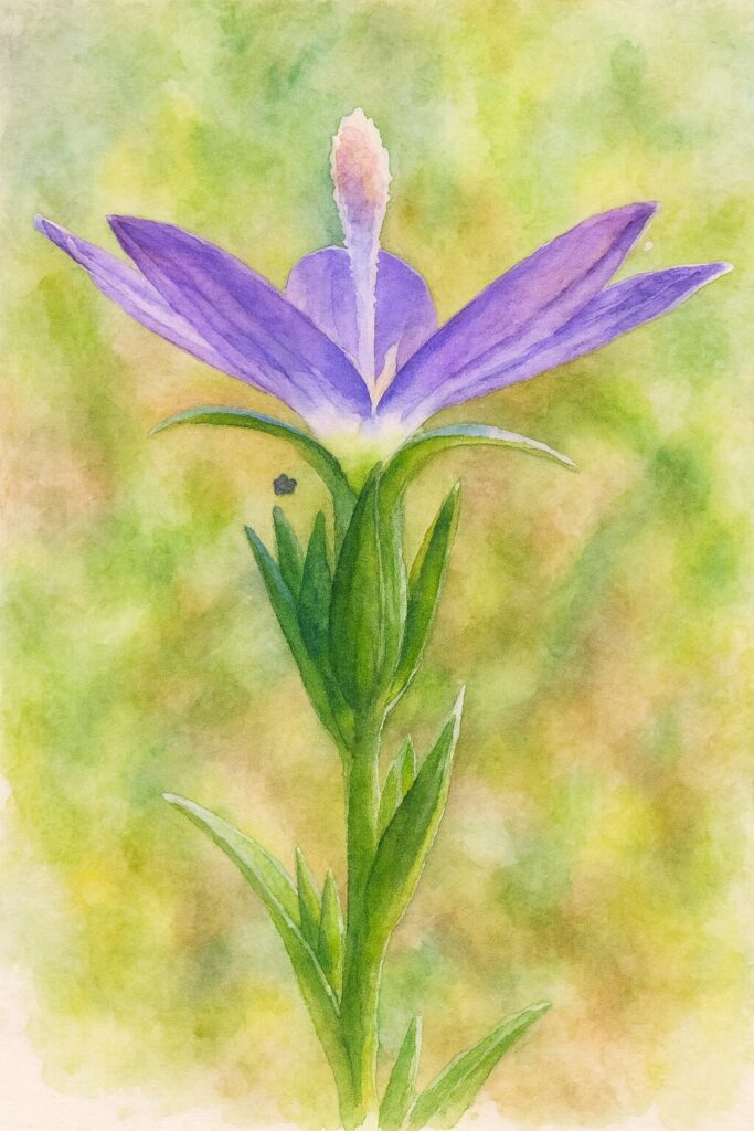 ヒナキキョウソウの花を水彩画風に描いたボタニカルイラスト｜中央に伸びる柱頭と紫色の花弁を柔らかな筆致で表現した野草アート