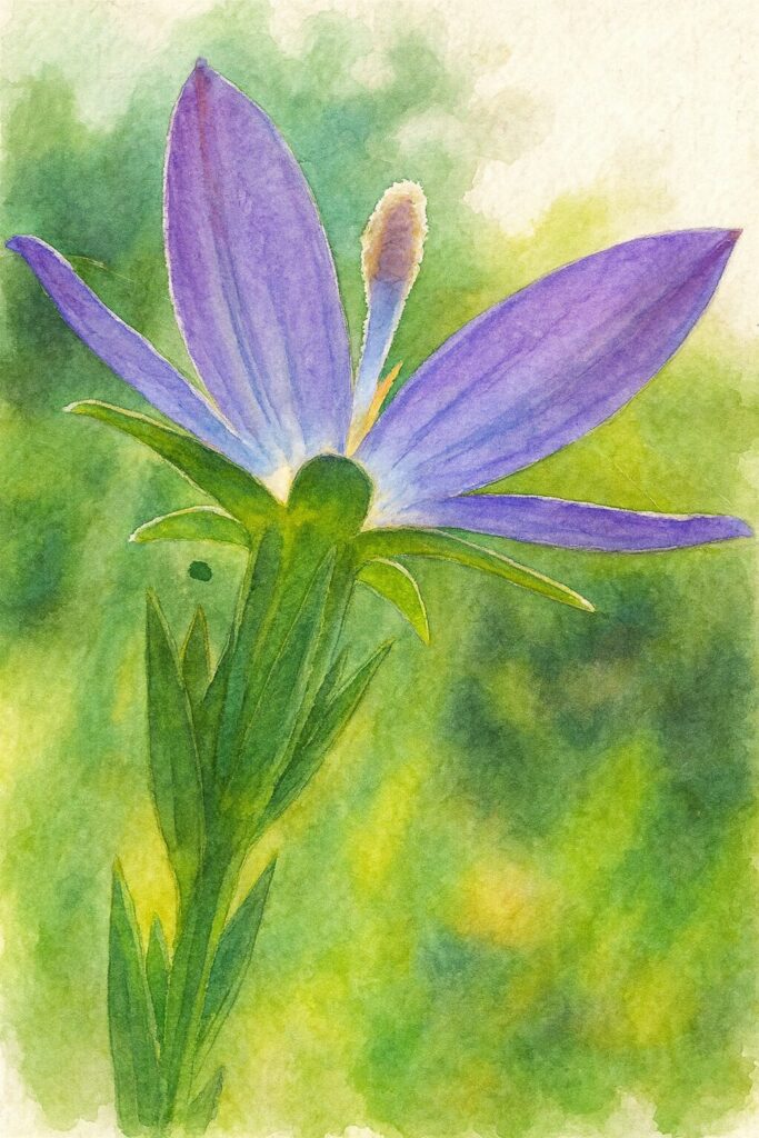 ヒナキキョウソウを水彩画風で描いたボタニカルイラスト｜下から見上げる構図で紫色の花弁と雄しべを柔らかく表現した野草アート