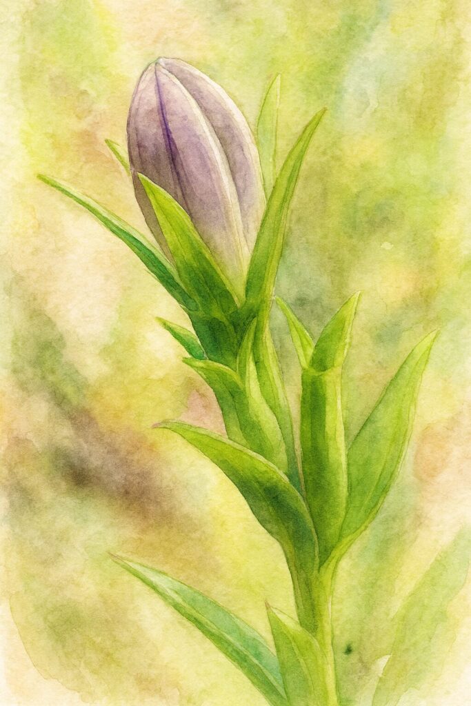 ヒナキキョウソウのつぼみを水彩画風で描いたボタニカルイラスト｜淡い紫色の花芽と緑の萼片を柔らかい筆致で表現した野草のアート