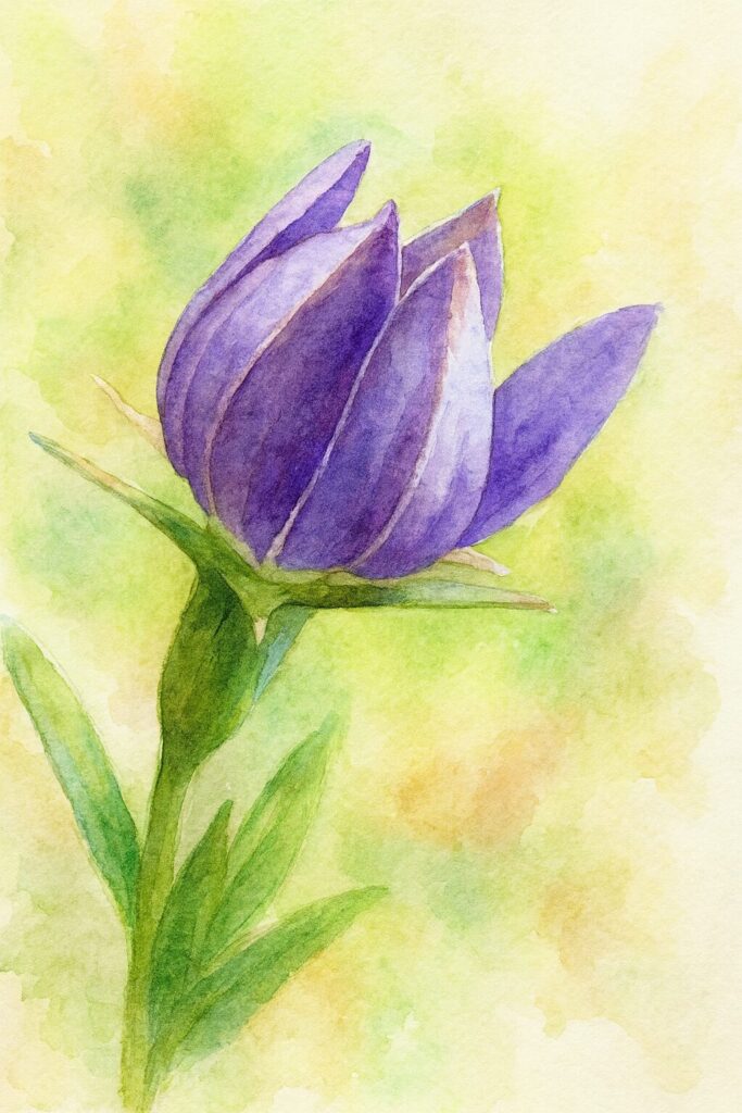 ヒナキキョウソウのつぼみを水彩画風に描いたボタニカルイラスト｜重なり合う紫色の花弁と緑の萼片を柔らかい筆致で表現した野草のアート