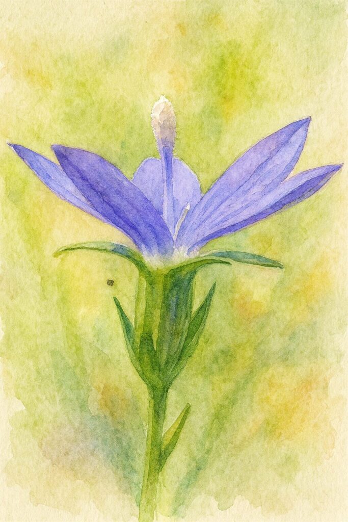 ヒナキキョウソウの花を水彩画風に描いたボタニカルイラスト｜開きかけの紫色の花弁と中央の柱頭を繊細に表現した野草アート
