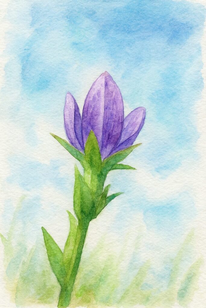 ヒナキキョウソウのつぼみを水彩画風に描いたボタニカルイラスト｜青空を背景に淡い紫色の花弁が透ける野草の繊細な表現