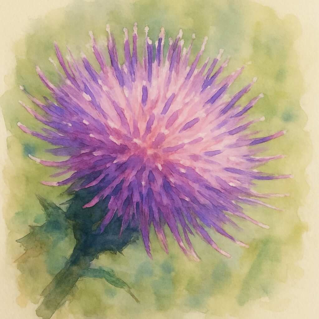 アザミの紫色の花を水彩画風に描いたイラスト｜柔らかい筆致で表現した野草のアート作品
