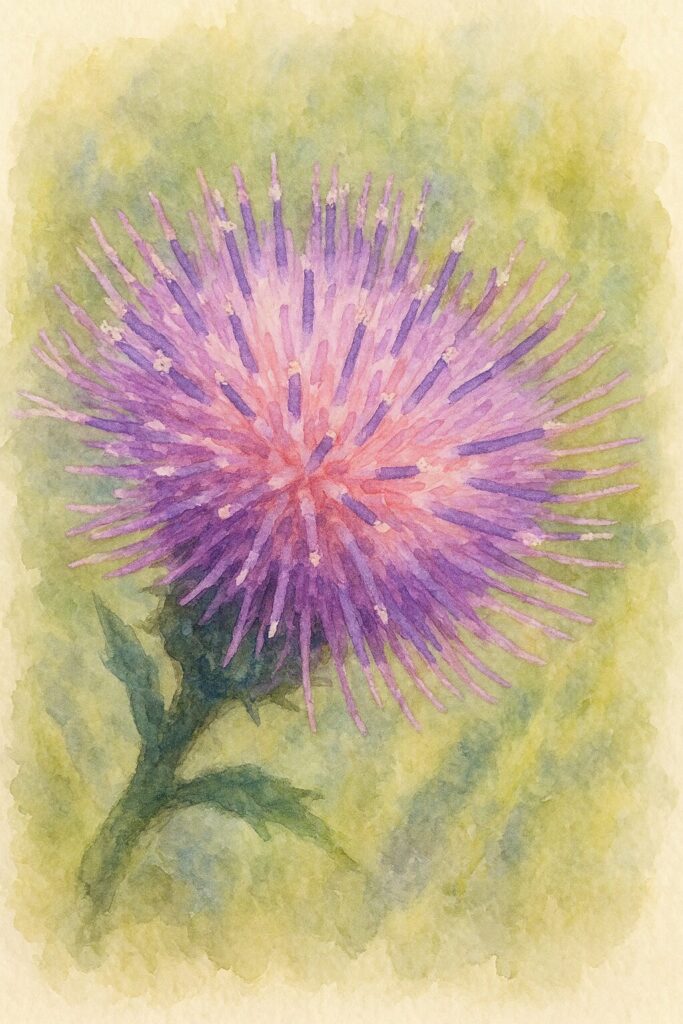 アザミの紫色の花を水彩画風に描いたイラスト｜柔らかな筆致で立体的に表現した植物アート