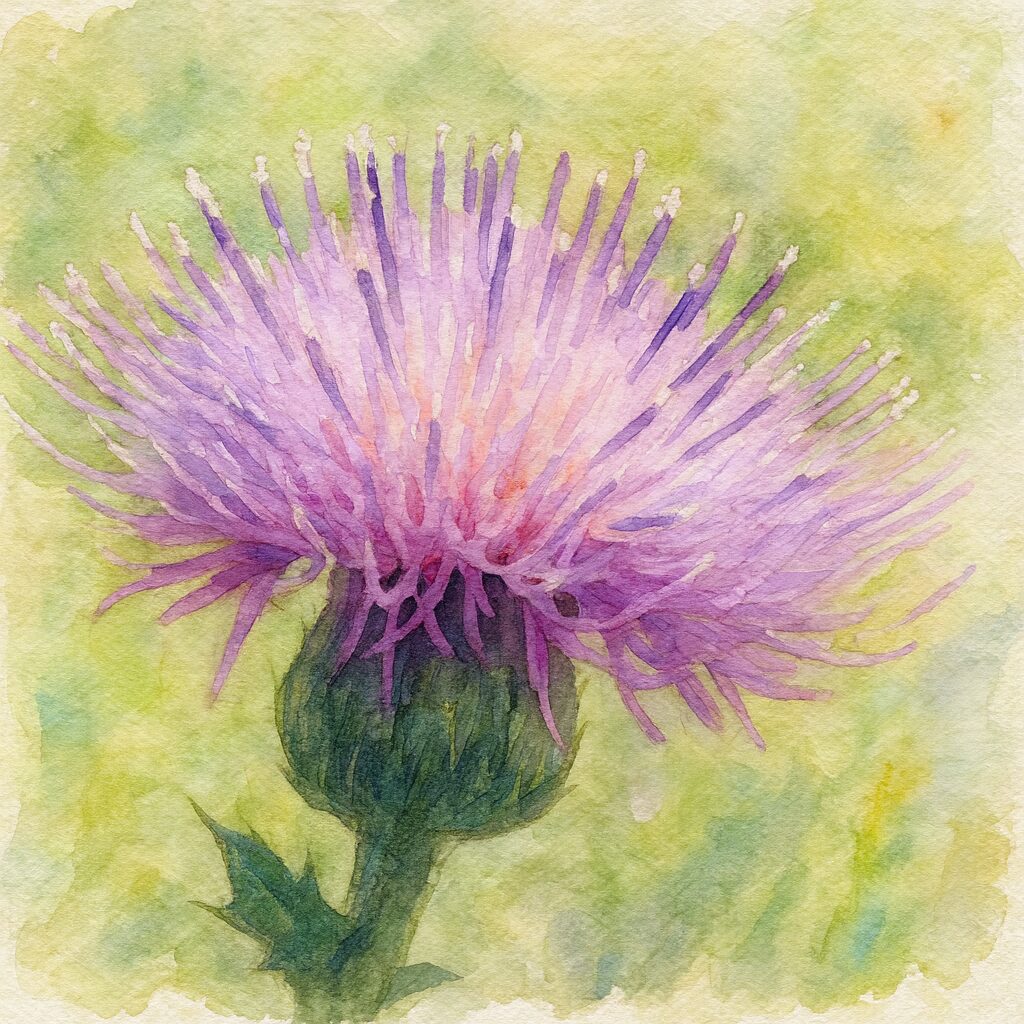 アザミの紫色の花を水彩画風に描いたイラスト｜柔らかな筆致で花の立体感を表現した植物アート