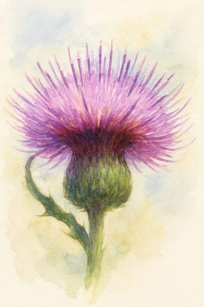 アザミの紫色の花を下から見上げた視点で描いた水彩画風イラスト｜柔らかな筆致で総苞と花の質感を表現した植物アート