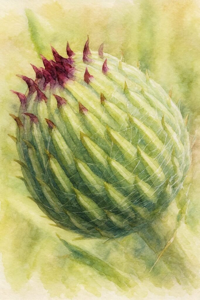 アザミのつぼみを水彩画風に描いたイラスト｜総苞片の質感と紫の先端を柔らかく表現した植物アート