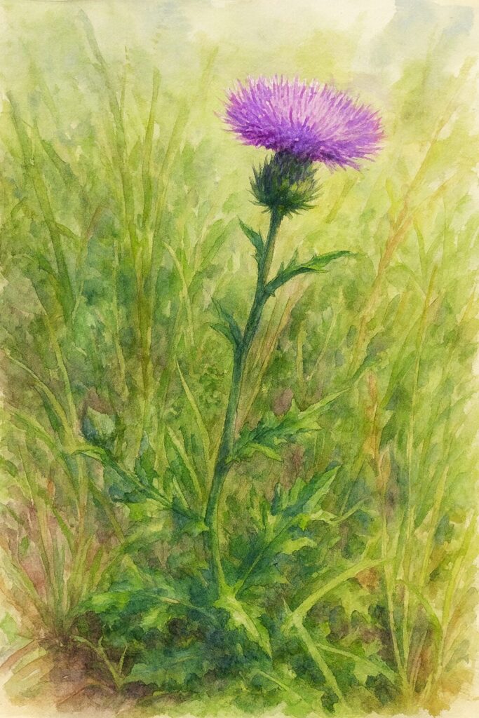 草地に立つアザミを水彩画風に描いたイラスト｜紫色の花と鋸歯状の葉を柔らかなタッチで表現した植物アート