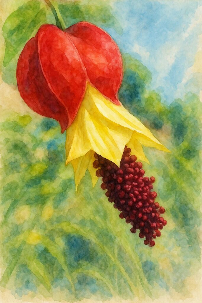 アブチロンの赤い萼と黄色い花弁を柔らかいタッチで描いた水彩画風イラスト｜チロリアンランプのアート作品｜植物イラスト
