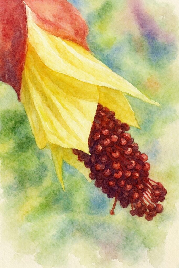 アブチロンの黄色い花弁と赤い萼を柔らかく描いた水彩画風イラスト｜チロリアンランプの芸術的植物イラスト｜花のディテールを描いたボタニカルアート
