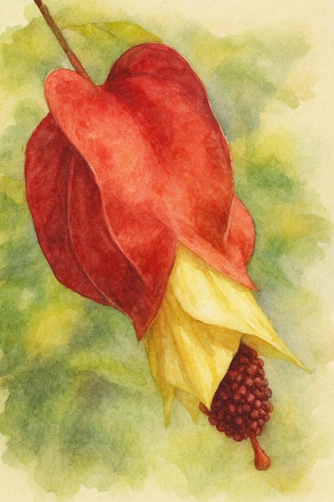 アブチロンの赤い萼と黄色い花弁を柔らかいタッチで描いた水彩画風イラスト｜チロリアンランプのボタニカルアート｜植物の美しい質感を表現した作品

