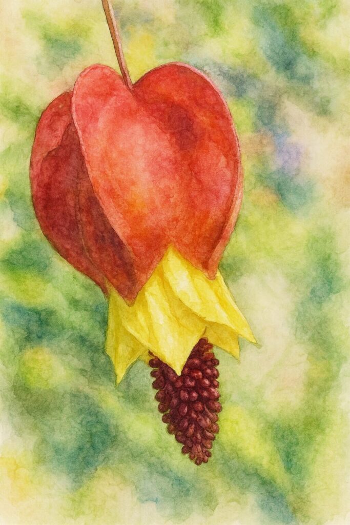 アブチロン（チロリアンランプ）の赤い萼と黄色い花弁を柔らかいタッチで描いた水彩画風イラスト｜吊り下がるアブチロンのボタニカルアート
