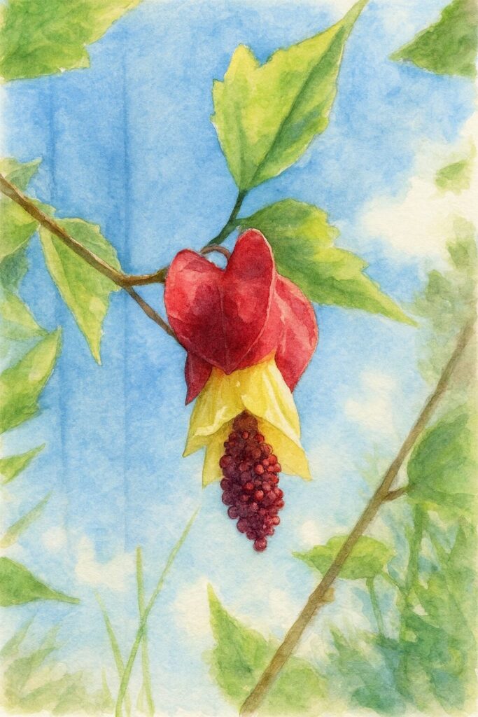 青空と緑の葉を背景にアブチロン（チロリアンランプ）が柔らかい水彩タッチで描かれたボタニカルイラスト｜赤い萼と黄色い花弁が美しい水彩画
