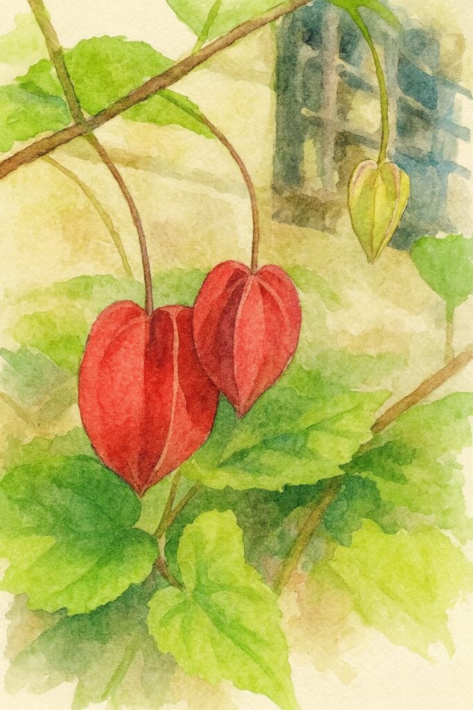 アブチロン（チロリアンランプ）の赤いつぼみが2つ並んで垂れ下がる様子を柔らかいタッチで描いた水彩画風イラスト｜葉と背景が淡くにじむボタニカルアート
