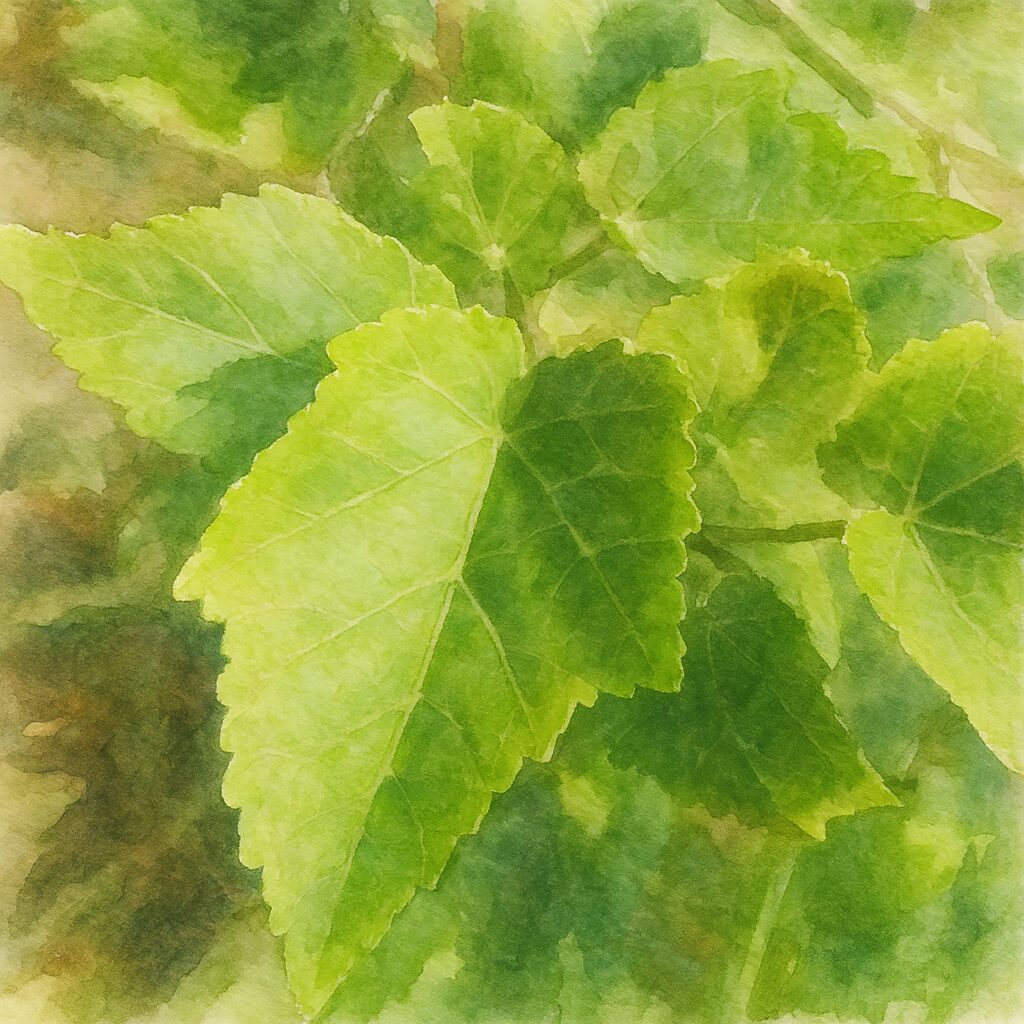 アブチロンの緑の葉を柔らかなタッチで描いた水彩画風イラスト｜葉脈のディテールが淡くにじむボタニカルアート｜新緑のアブチロンの葉の水彩表現
