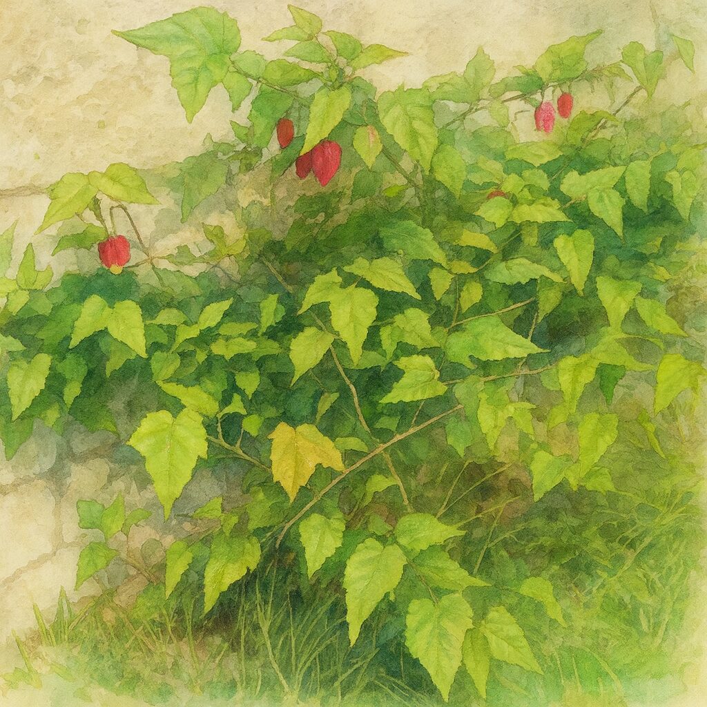 アブチロン（チロリアンランプ）の株全体を柔らかなタッチで描いた水彩画風イラスト｜赤い萼と青々とした葉が広がるボタニカルアート｜庭先に茂るアブチロンの水彩表現
