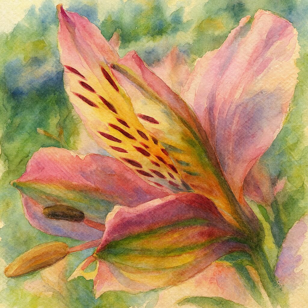 ピンク色のアルストロメリアを描いたプロレベルの水彩画風イラスト。黄色い斑点模様と赤いストライプが柔らかいタッチで表現された花のアップ