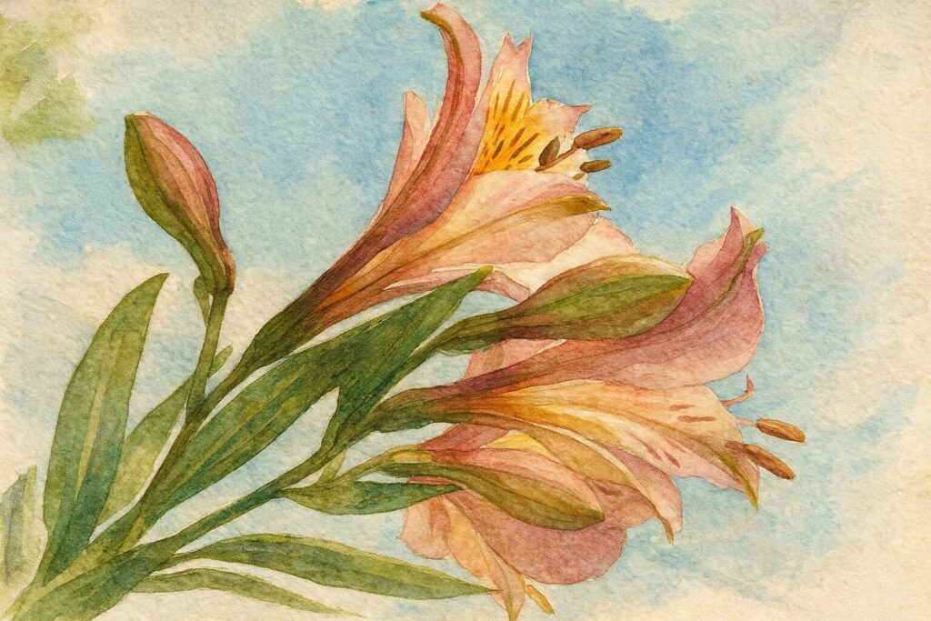 青空の下で咲くピンク色のアルストロメリアを描いた水彩画風イラスト。透ける花びらと柔らかな光を感じる上向き構図