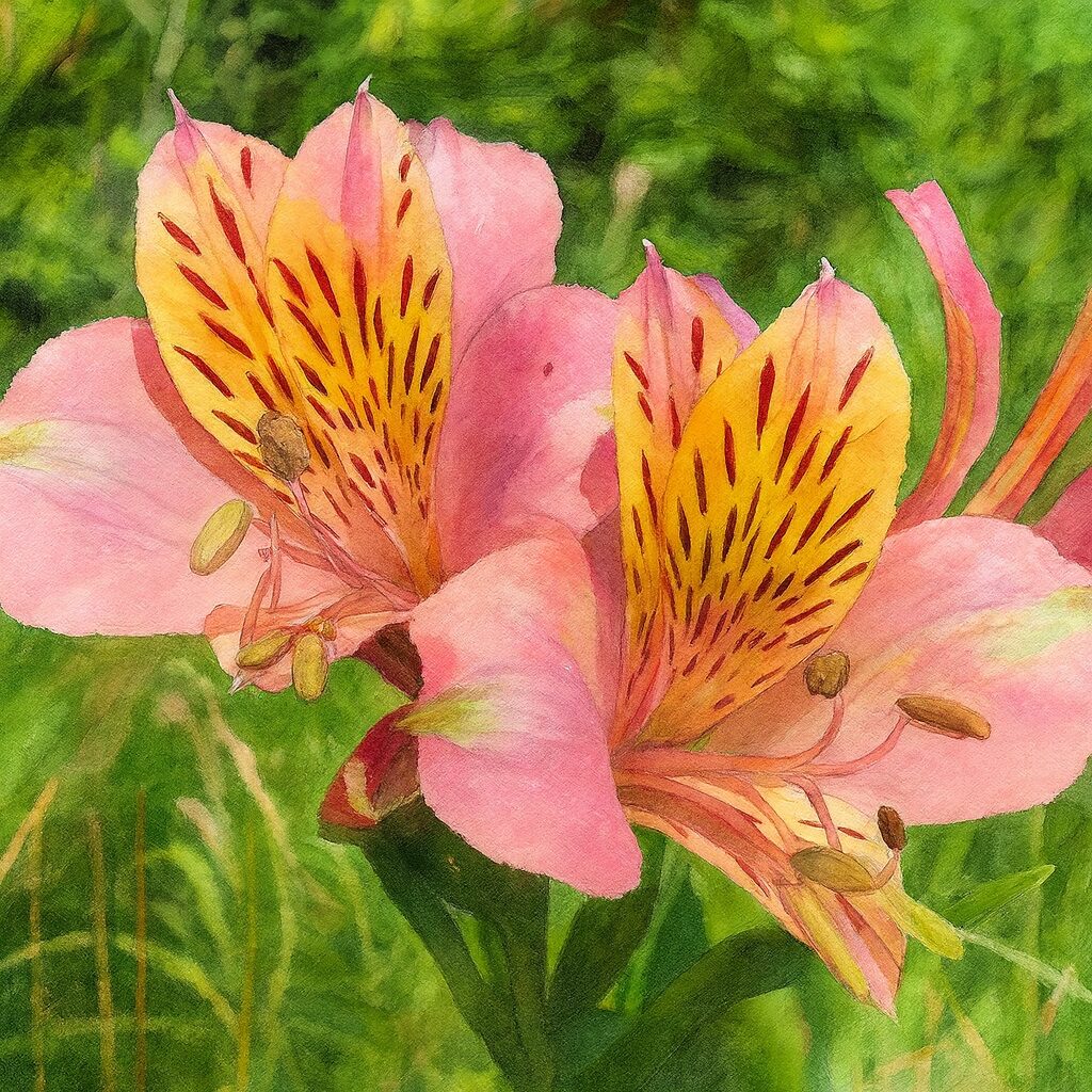 寄り添って咲くピンク色のアルストロメリアを描いた水彩画風イラスト。黄色い斑点と赤いストライプ模様が柔らかいタッチで表現された花のアップ
