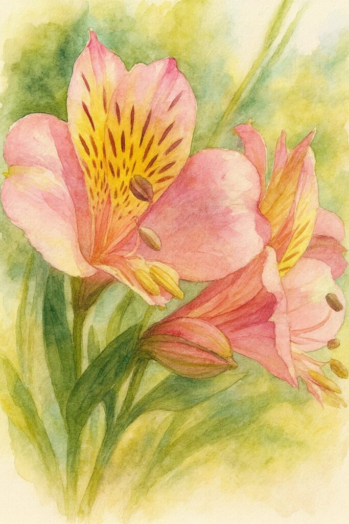 ピンク色のアルストロメリアを描いた水彩画風イラスト。黄色い花びらの赤い斑点模様が柔らかいタッチで表現されたボタニカルアート調の花のアップ