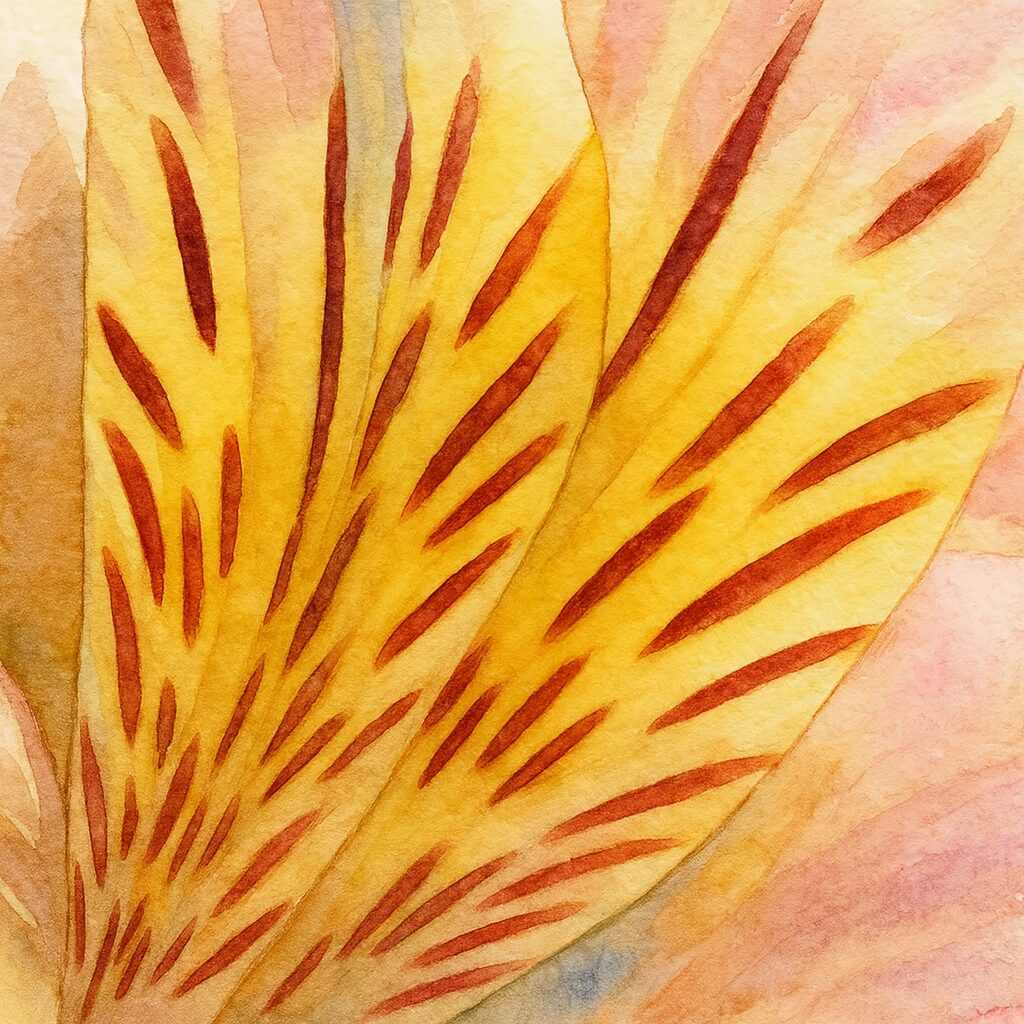 アルストロメリアの黄色い花びらと赤いストライプ模様を描いた水彩画風イラスト。柔らかな透明感と細かな模様が美しく表現された花弁のアップ