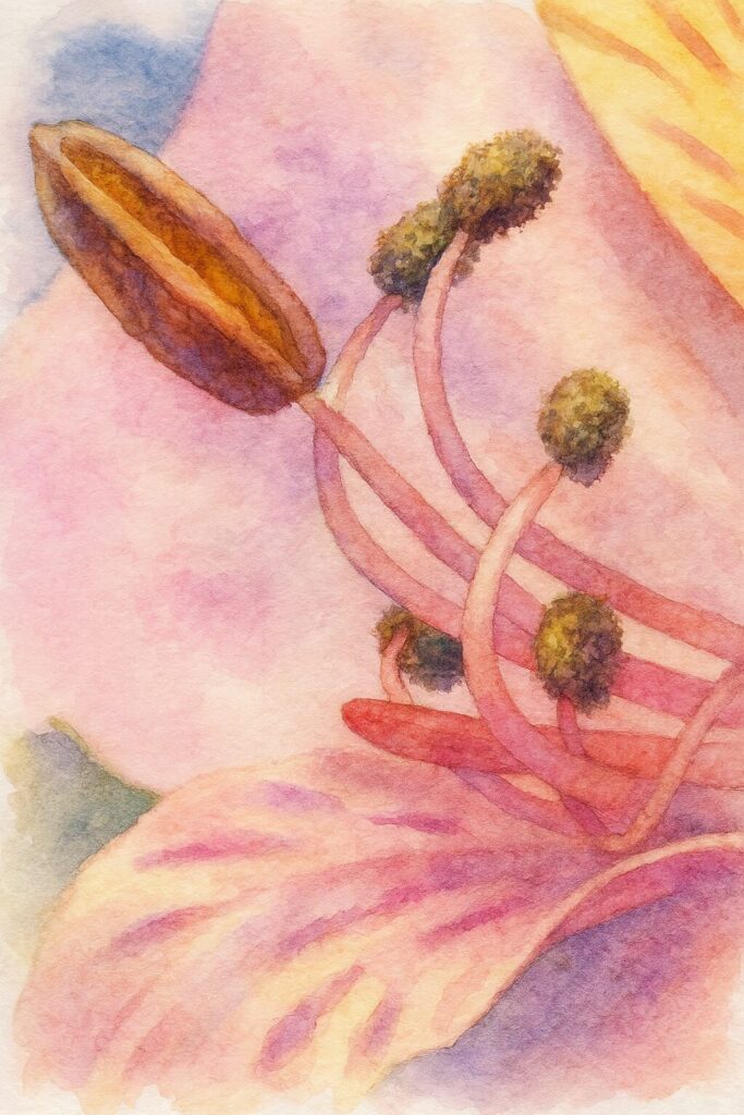 アルストロメリアの雄しべと葯を描いた水彩画風イラスト。淡いピンクの花びらの上に花粉をまとった葯が柔らかいタッチで表現されたクローズアップ