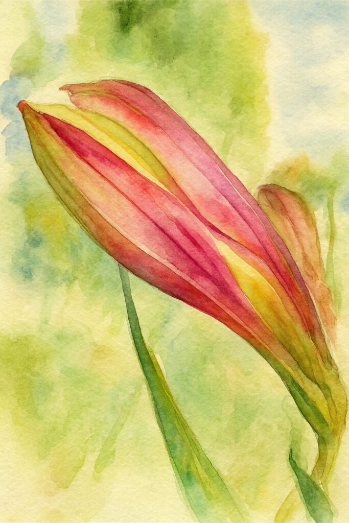 赤と黄のグラデーションが美しいアルストロメリアの蕾を描いた水彩画風イラスト。柔らかな筆致で光と色の移ろいを表現した植物画