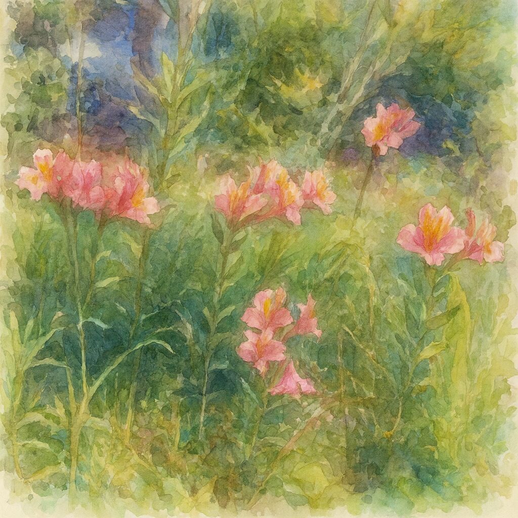 ピンク色のアルストロメリアが群生して咲く様子を描いた水彩画風イラスト。柔らかな緑背景の中で複数の花が穏やかに広がる植物風景画