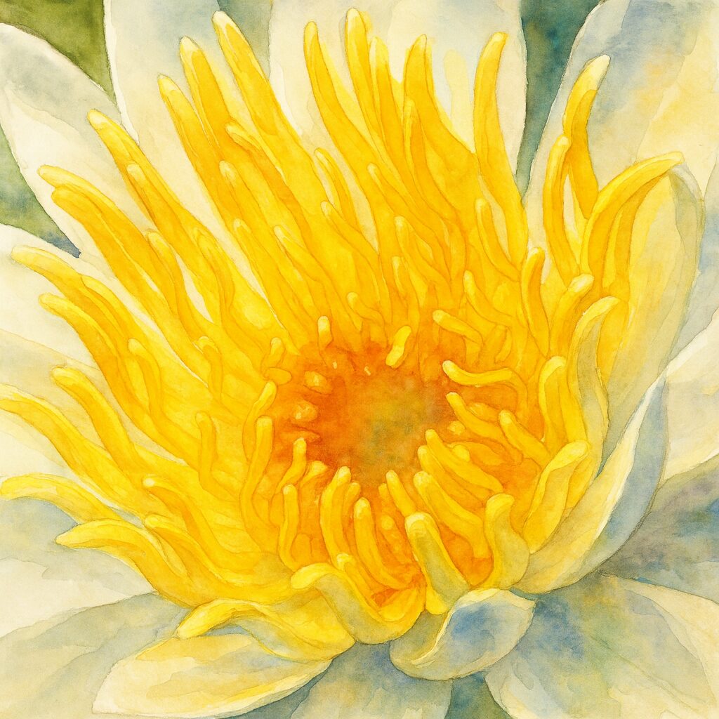 白いスイレンの中心を描いた水彩画風イラスト。鮮やかな黄色の雄しべが繊細に描かれたボタニカルアート