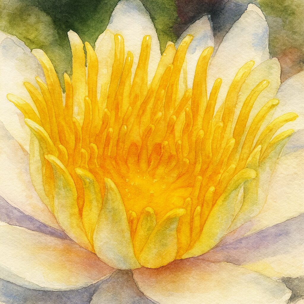 白いスイレンの中心部を描いた水彩画風イラスト。立ち上がる黄色い雄しべを繊細に表現したボタニカルアート