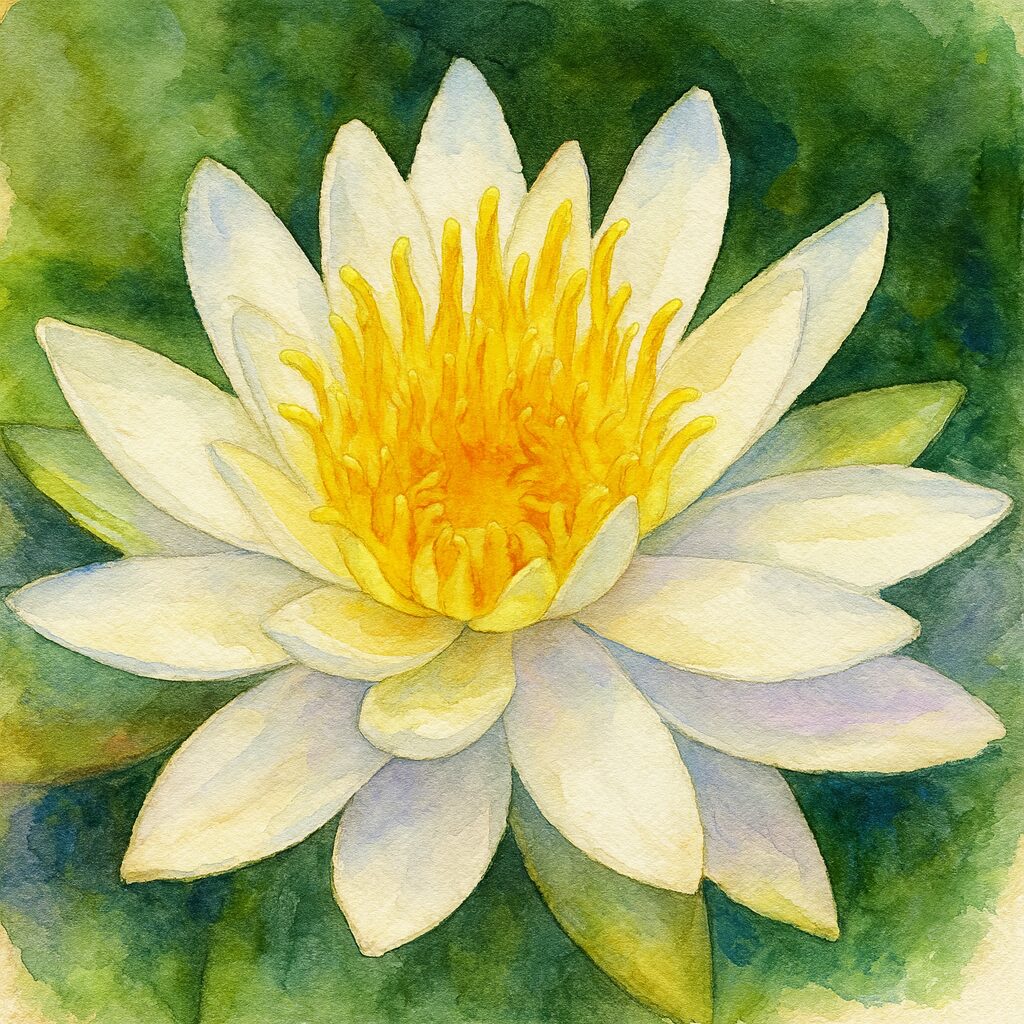 白いスイレンの全体を描いた水彩画風イラスト。鮮やかな黄色の雄しべと柔らかな白い花びらを丁寧に表現したボタニカルアート