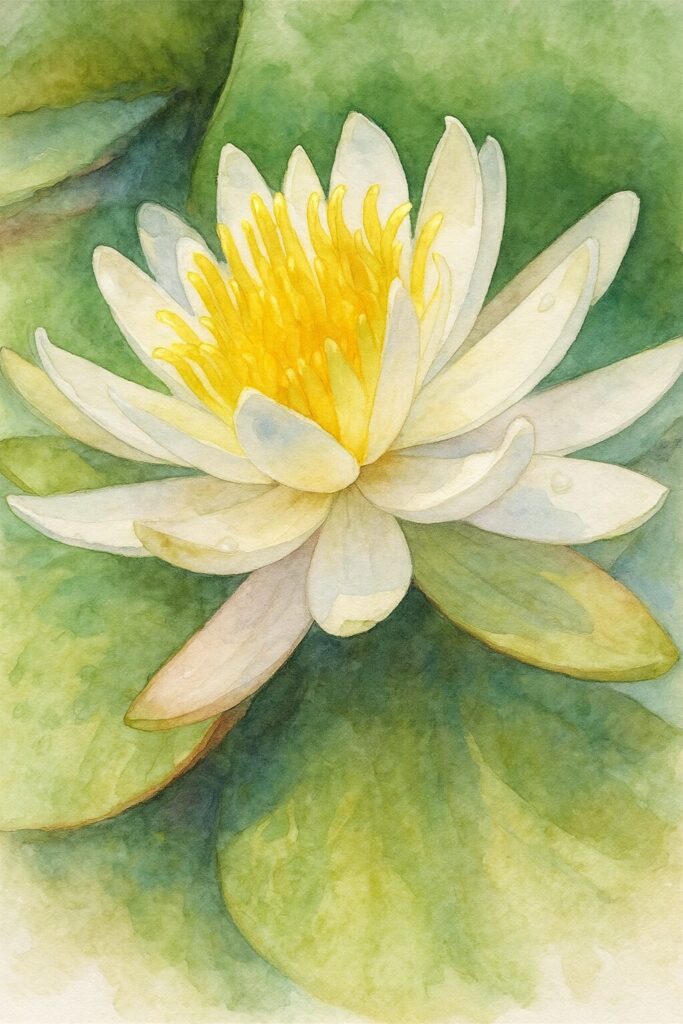 白いスイレンを描いた水彩画風イラスト。黄色い雄しべと柔らかい白い花びらを繊細に表現したボタニカルアート