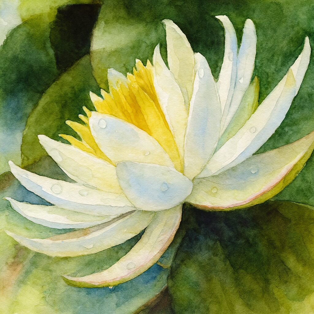 白いスイレンを描いた水彩画風イラスト。黄色い雄しべと柔らかな白い花びら、水滴の質感を丁寧に表現したボタニカルアート