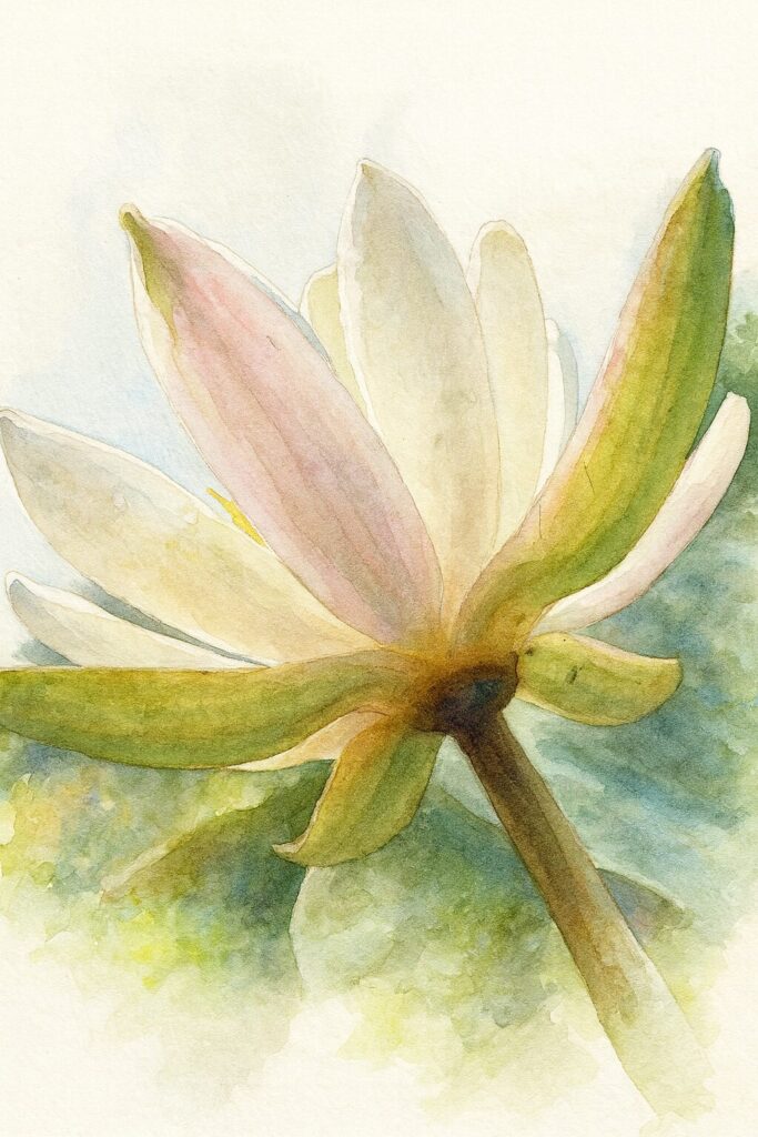 白いスイレンを下から見上げた構図で描いた水彩画風イラスト。淡いピンクの花びらと緑の萼を柔らかいタッチで表現したボタニカルアート