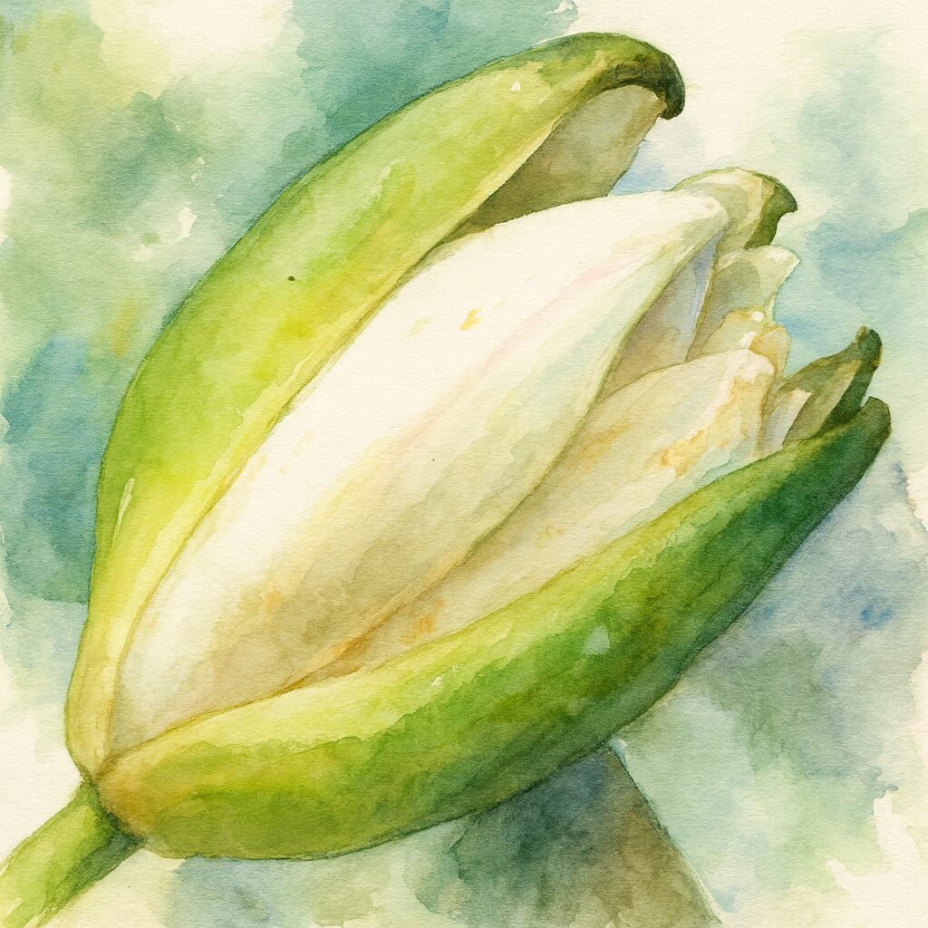 スイレンのつぼみを描いた水彩画風イラスト。緑の萼と白い花びらを柔らかい筆致で表現したボタニカルアート