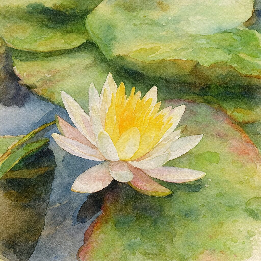 睡蓮の白い花を描いた水彩画風イラスト。黄色い雄しべと淡く色づく花びら、濡れた葉の質感を柔らかく表現したボタニカルアート