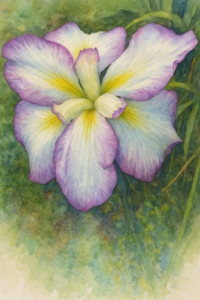 紫の縁取りが美しい白花のハナショウブを柔らかな水彩画風に描いたイラスト