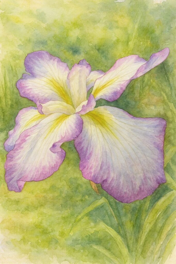 紫の縁取りが美しい白花のハナショウブを柔らかい色合いで描いた水彩画風イラスト