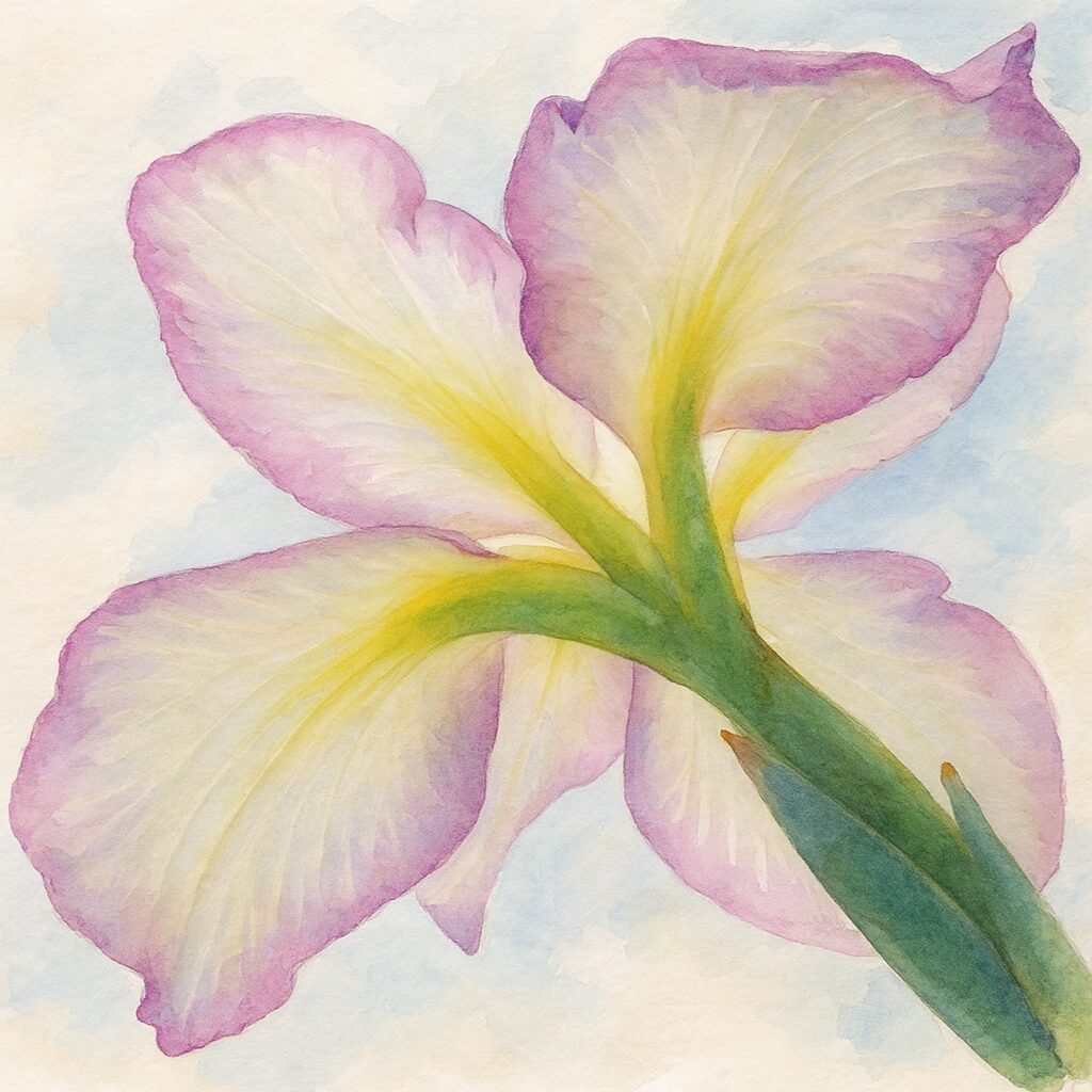 薄紫の縁取りが美しい白花のハナショウブを下から見上げた構図で描いた水彩画風イラスト