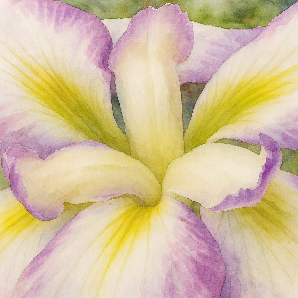 紫の縁取りが入った白いハナショウブの花心を柔らかいタッチで描いた水彩画風イラスト