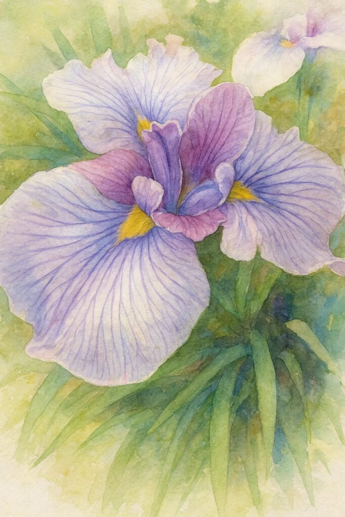 紫と白のグラデーションが美しいハナショウブを上から見下ろす構図で描いた水彩画風イラスト