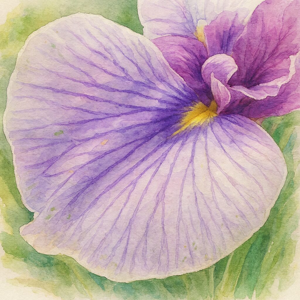紫の筋模様が美しいハナショウブの大きな花弁を柔らかい筆致で描いた水彩画風イラスト