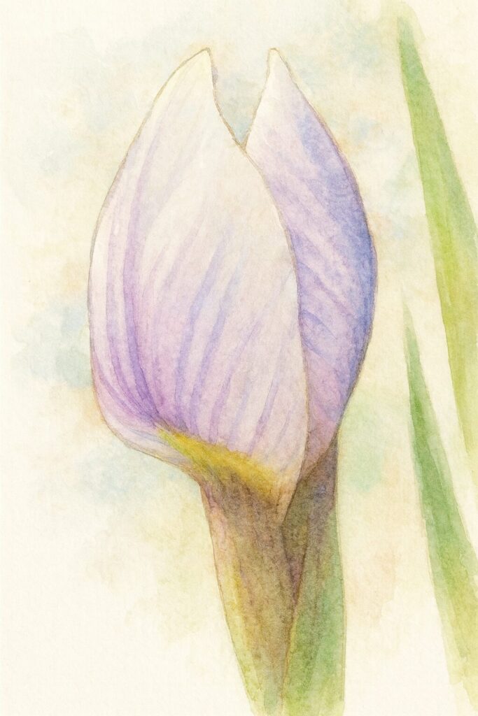 薄紫の筋模様が入ったハナショウブのつぼみを柔らかなタッチで描いた水彩画風イラスト