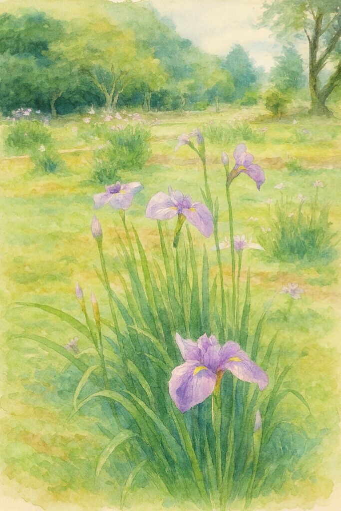 緑の湿地に群生する薄紫色のハナショウブが咲く花菖蒲園を柔らかな色合いで描いた水彩画風イラスト