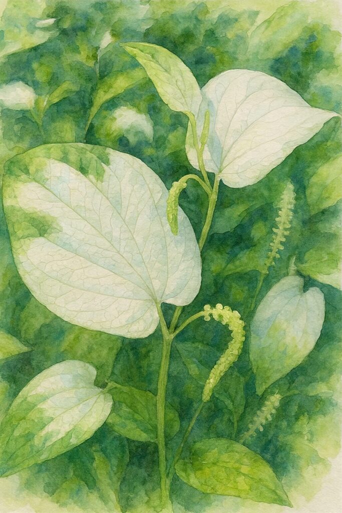 白い葉と花穂を柔らかな筆致で描いたハンゲショウの水彩画イラスト