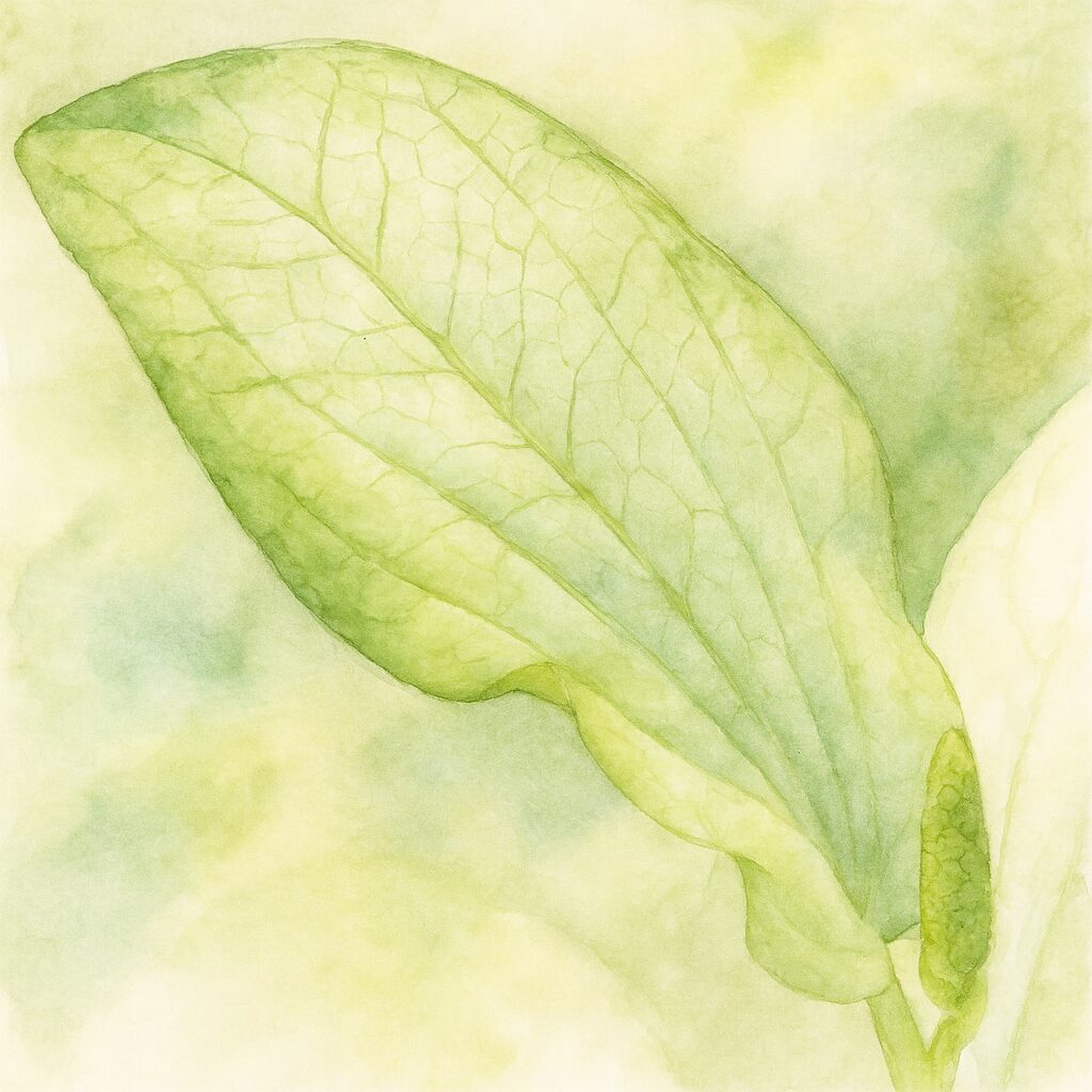 柔らかな緑の濃淡で描いたハンゲショウの若い葉の水彩画イラスト