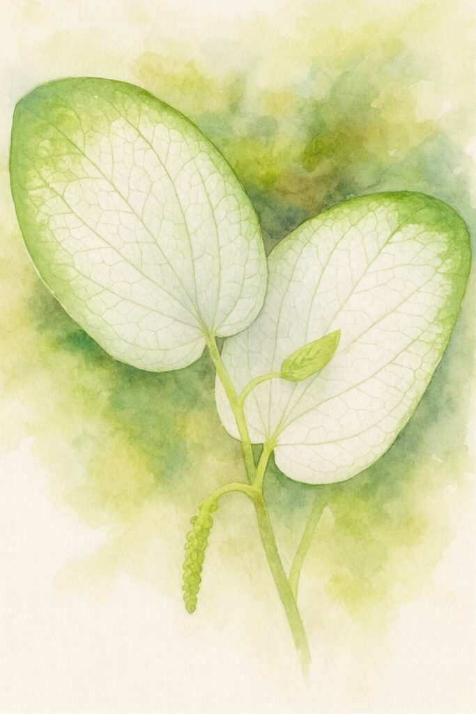 白い葉と花穂を柔らかいタッチで描いたハンゲショウの水彩画ボタニカルイラスト