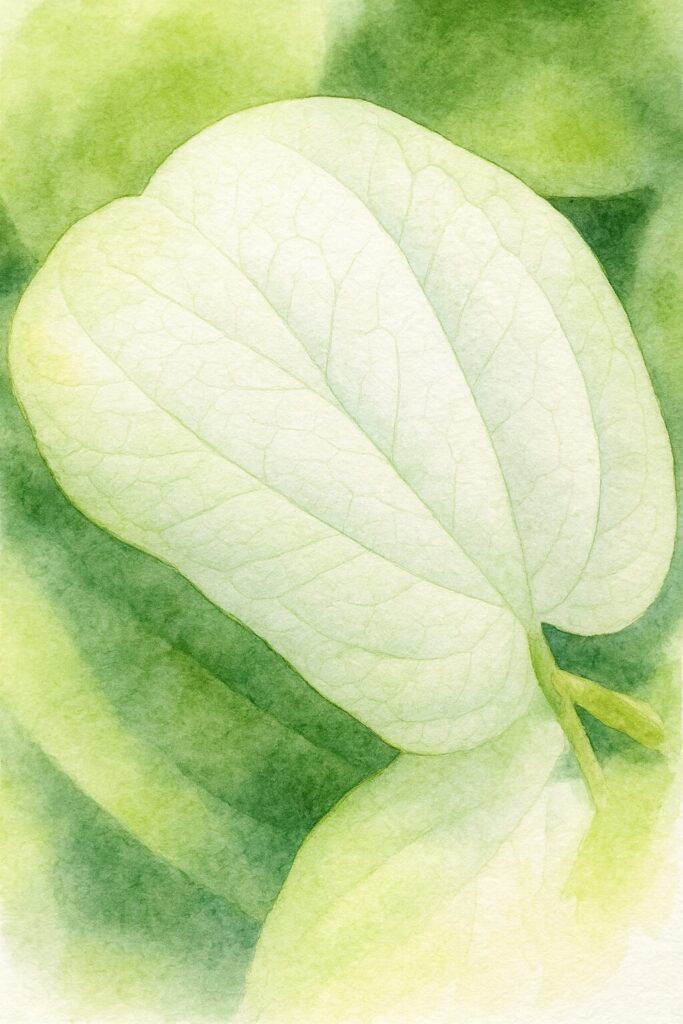 白い葉と繊細な葉脈を淡い緑の背景に描いたハンゲショウの水彩画イラスト