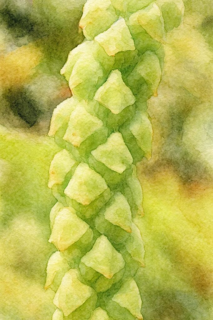 黄緑色の花穂を柔らかなタッチで描いたハンゲショウの水彩画風イラスト