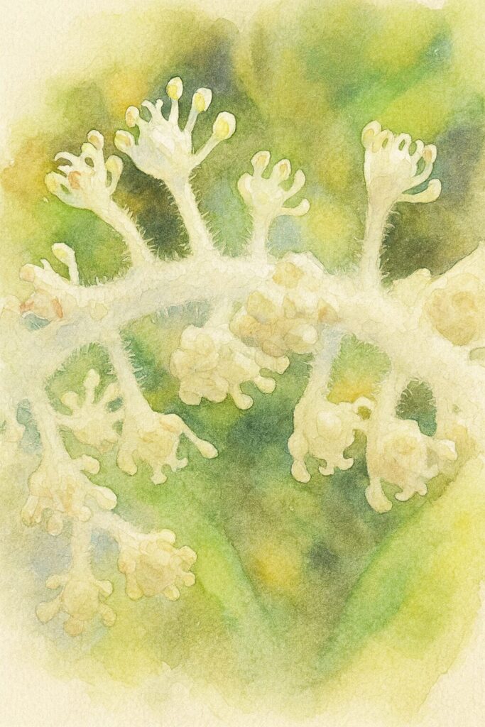 ハンゲショウの白い花穂を柔らかなタッチで描いた水彩画イラスト